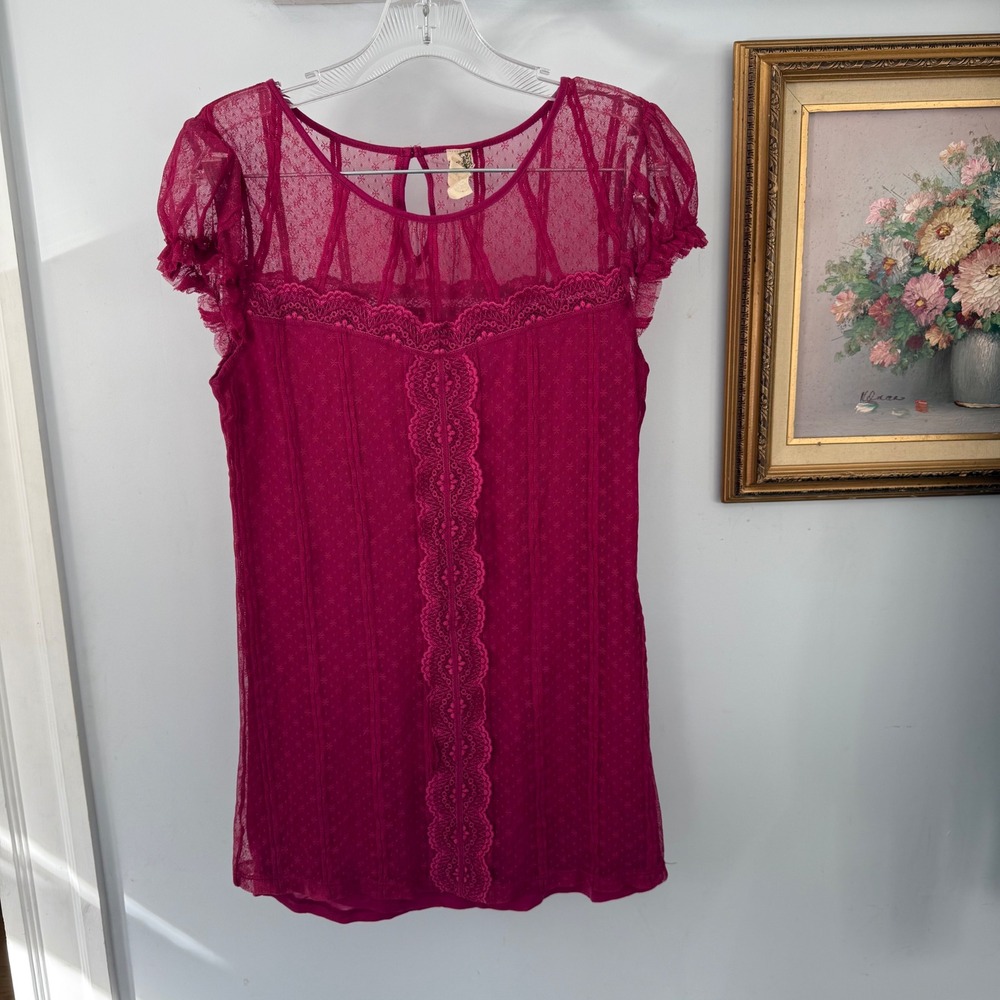 Free People Magenta Lace Trim Short Sleeve Blouse - Picture 2 of 6